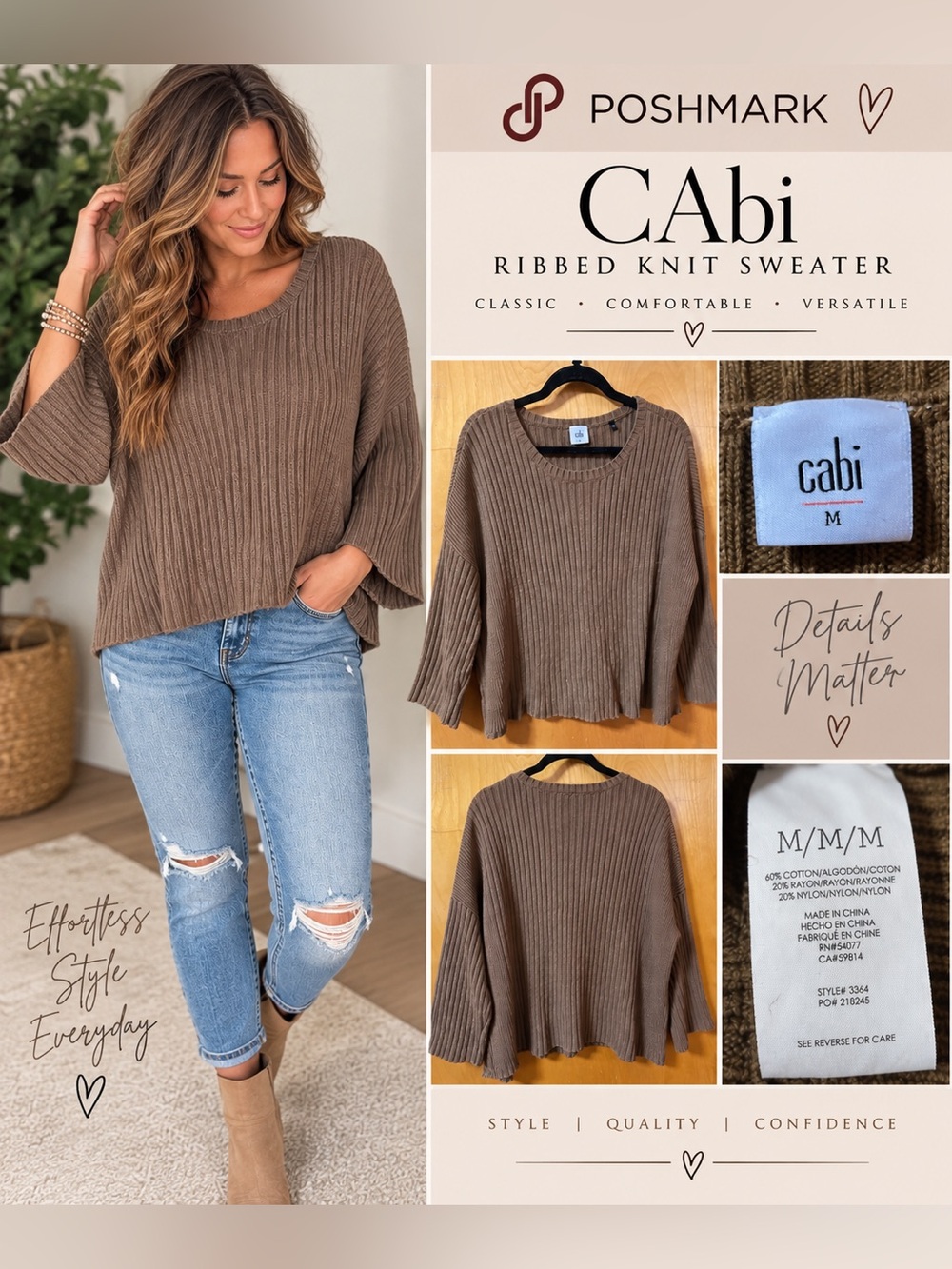 CAbi Ribbed Knit Sweater Brown Taupe Relaxed Fit Size Medium